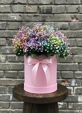 Цветочная композиция из Гипсофила и Розы в шляпной коробке в Никулино