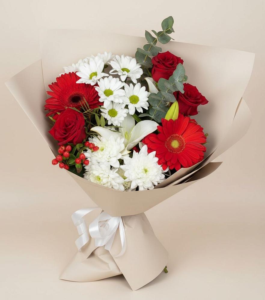 Букет цветов из: Розы, Хризантемы, Герберы и Лилии в Никулино