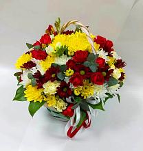 Цветочная композиция из Хризантемы и Розы в корзине в Никулино