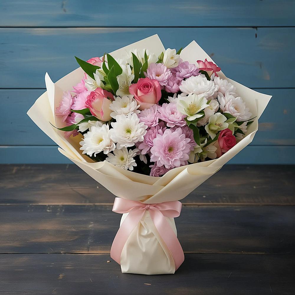 Букет цветов из: Хризантемы, Альстромерии и Розы в Никулино